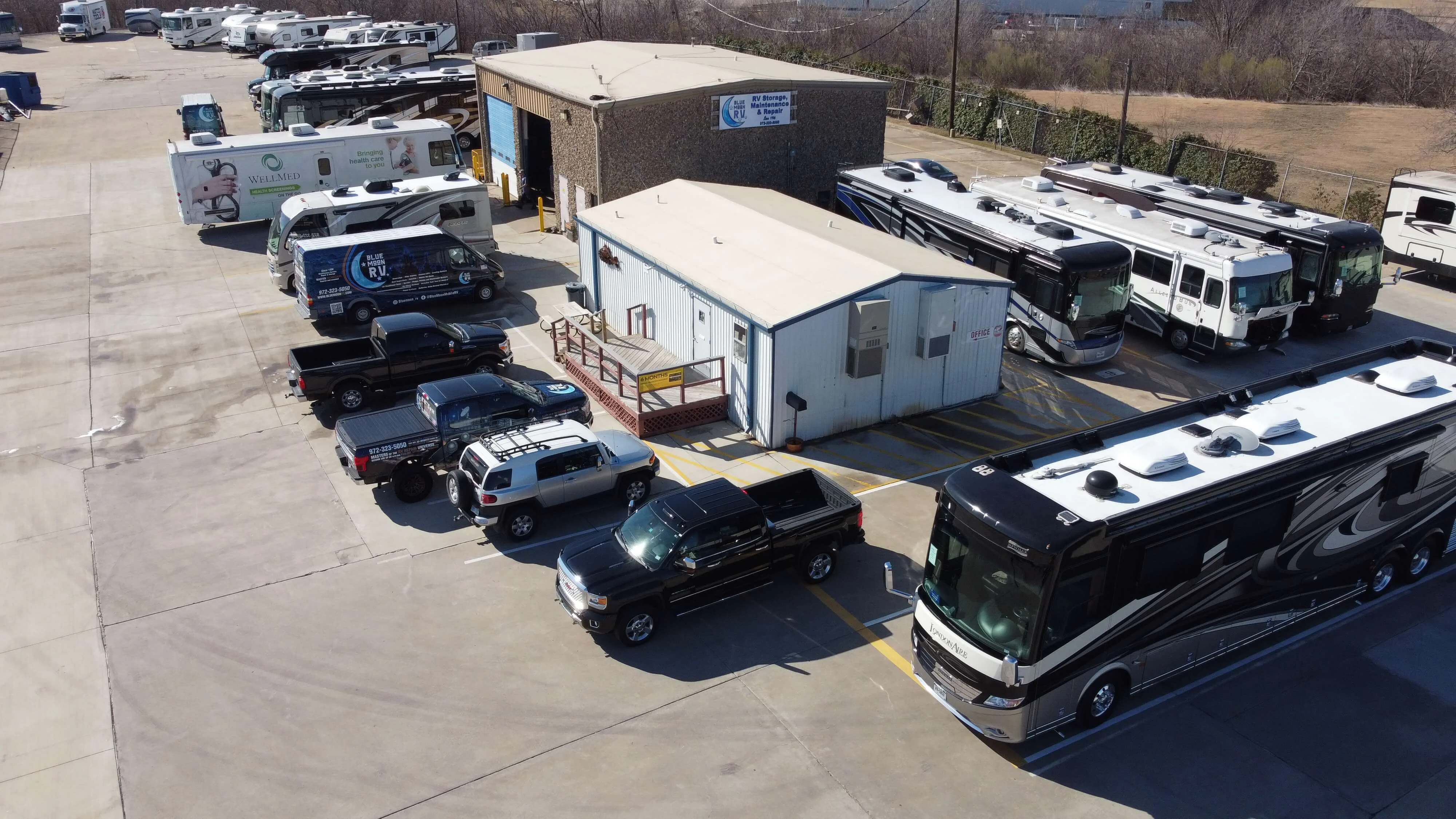 Blue Moon RV Facility Aerial front view of Blue Moon Mobile RV facility in Carrollton TX